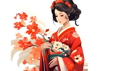 Elegant Woman in Traditional Floral Kimono Cartoon Vector Illustration