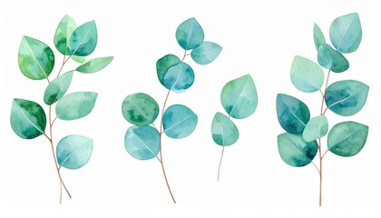 Obraz premium Watercolor Eucalyptus Leaves Elegant Teal Green Foliage Branches for Design