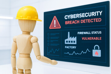 Wooden figure with yellow helmet stands in front of screen showing cybersecurity breach detected in manufacturing industry 4.0 environment
