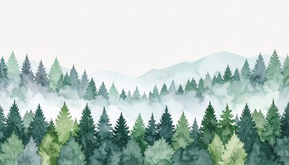 Fototapeta premium Misty Mountain Forest Watercolor Painting Serene Green Pine Trees Landscape