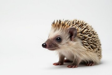 Fototapeta premium Close-up of a solitary hedgehog against a pure white backdrop , animal portrait, fauna