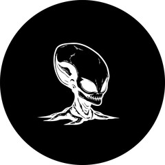Stylized depiction of an extraterrestrial being with striking contrast within a dark sphere