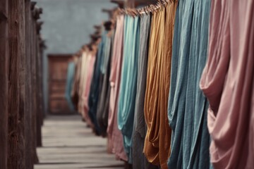 Naklejka premium Textiles hanging to dry on wooden structure; dyed cloth fabric in pink, blue, mustard, grey colors in a raw stage