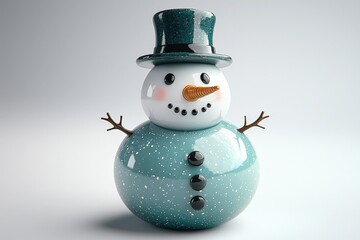 Fototapeta premium Charming ceramic snowman with top hat and carrot nose on white winter wonderland background