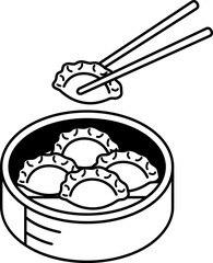 isolate black and white illustration of dumplings in wooden wooden steamer basket