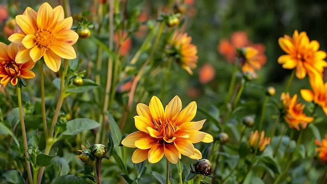 Vibrant Orange and Yellow Dahlia Flowers in Natural Lighting A Floral Garden of Beauty