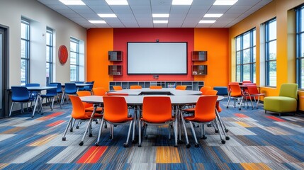 Vibrant, modern classroom with colorful furniture and a large screen