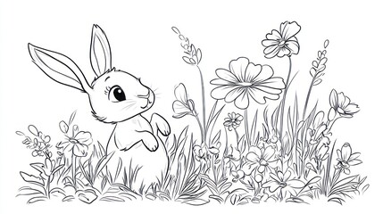 Naklejka premium Cute rabbit in a flower field, coloring page, children's book illustration, printable art