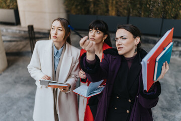 A group of three professional businesswomen stand outdoors, engaging in a focused discussion and gesturing for emphasis.