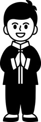 black and white illustration of a chinese boy in traditional chinese clothing bowing