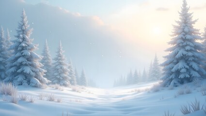 Obraz premium A stunning winter anime-style wallpaper featuring a serene snowy and foggy landscape