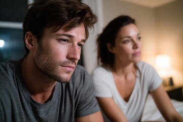 A man and a woman sit together in a dimly lit room, each lost in thought, representing emotional distance and the complexities of modern relationships in a quiet atmosphere.