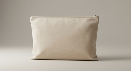 A subtly textured, light beige zipper pouch sits on a plain, matching neutral background. Minimalist and versatile for organizing essentials, with a slight fabric sheen.