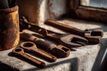 Close-up of Rusty Wrenches and Tool Holder on Concrete Surface Near Window, Representing Age and Decay