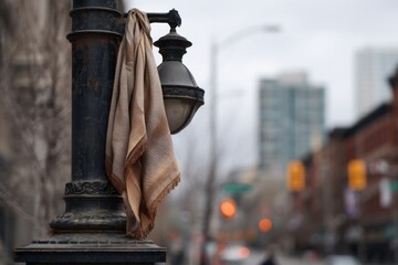 Scarf hangs from a corroded black lamppost on city street, light in background, urban environment with autumn scenery