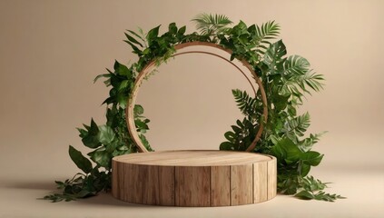 Wooden cylindrical product podium with natural leaves, neutral background, eco-friendly feel