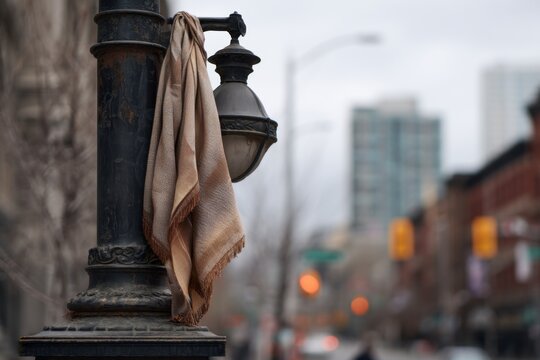 Scarf hangs from a corroded black lamppost on city street, light in background, urban environment with autumn scenery