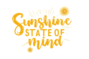 "Sunshine State of Mind" hand-lettered typography with sun illustrations, positive summer vibe