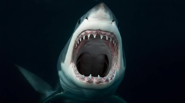 Great white shark open mouth revealing sharp teeth in dark ocean water
