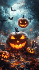Naklejka premium Mystical Halloween Night Scene with Glowing Pumpkins and Bats Under the Moonlight