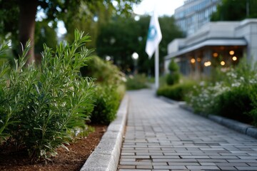 Fototapeta premium A beautifully manicured garden pathway lined with vibrant greenery, leading towards a building adorned with a flag, capturing the essence of nature in an urban setting.