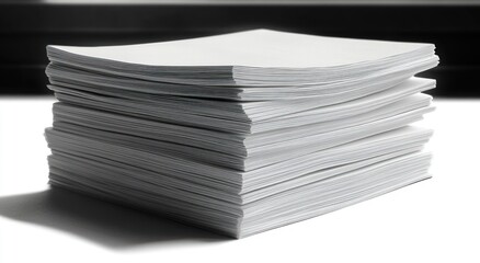 Thick stack of clean, white sheets of paper neatly piled on a surface with natural light casting shadows