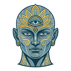 Create a detailed illustration of a mystic's head, featuring a third eye, intricate ancient tribal tattoos in gray tones, and a serene expression.