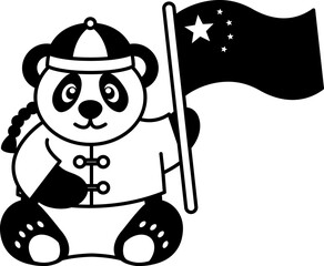 black and white illustration of a panda in traditional clothes holding a chinese flag