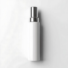 Elegant white spray bottle with a silver top, perfect for cosmetics or skincare, casting a gentle shadow.