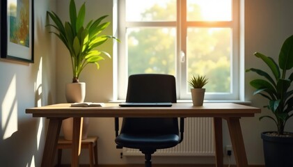Empty chair at desk, laptop closed, natural light , clean, desk