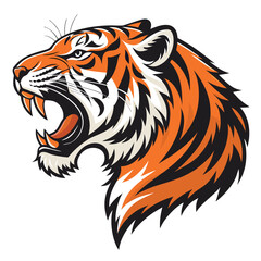 Create a bold, orange brush stroke painting of a tiger's head roaring fiercely.  Emphasize dynamic movement and texture.