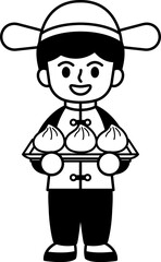 black and white illustration of a chinese boy in traditional clothing holding a steamed buns