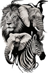 Monochrome vector composition featuring lion, elephant, zebra, and other iconic African animals. This detailed and artistic collage is perfect for wildlife conservation themes or adventure branding.