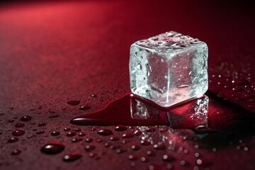 Translucent Ice Cube on Dark Red Background – Minimalist Still Life Photography