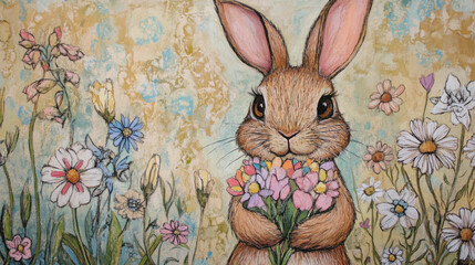 A cute bunny holds a bouquet of colorful flowers, surrounded by a vibrant meadow under a bright sky.