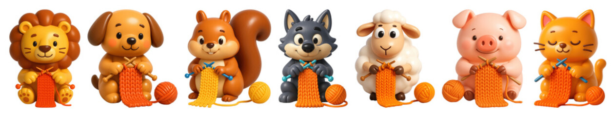 Fototapeta premium PNG Cute animal knitting toys, element set on transparent background