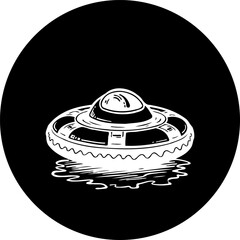 Abstract depiction of a classic flying saucer emerging from a reflective surface