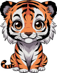 Adorable cartoon-style baby tiger illustration with big expressive eyes, sitting with a sweet innocent expression. Perfect for children’s products, nursery decor, animal-themed designs, or print on de