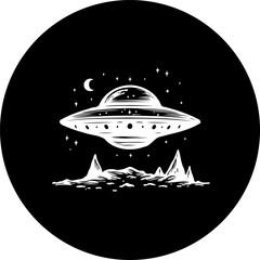 Stylized depiction of a ufo hovering over a desolate landscape in monochrome