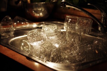 Stacked Drinking Glasses & Stemware Filling a Stainless Steel Sink with Faucet, Washing Dishes