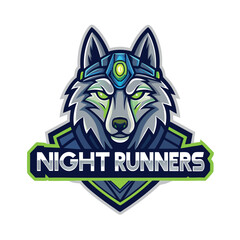 Create a vector illustration of a robotic wolf's head, detailed and futuristic, incorporating glowing neon accents.  The design should include visible mechanical components.