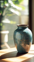 Teal vase with gold crackle glaze on wooden surface, sunlit