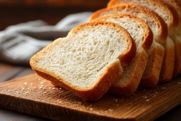 Golden brown toasted loaf slices arranged neatly on a rustic wooden cutting board with soft background cloth