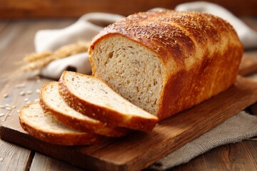 Naklejka premium Sesame Seed Loaf Bread Slices Freshly Baked on Rustic Wooden Cutting Board Display Ready for Gourmet Meal