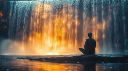 Obraz premium Silhouette of a person sitting meditatively on a rock in front of a glowing waterfall illuminated by golden light, creating a peaceful and awe-inspiring scene