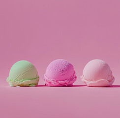 A photo of three ice cream scoops in different colors on the right side, against a pastel pink background. 