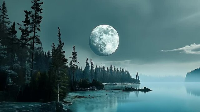 Full moon rising over peaceful lake landscape
