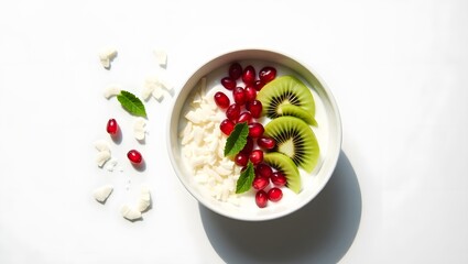 Coconut Yogurt with Pomegranate Seeds and Mint on White Background