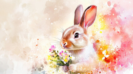 A charming rabbit holds a bouquet of flowers against a soft, colorful watercolor background, embodying spring's essence.