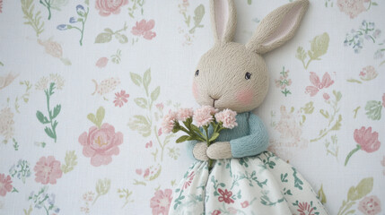 A delightful rabbit doll in a floral dress, holding pink flowers, set against a soft pastel floral backdrop.
